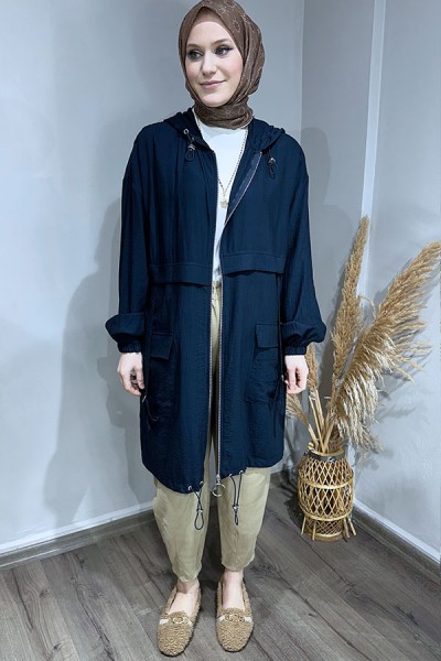 Etek Ucu Lastikli Paraşüt Trenç-Lacivert