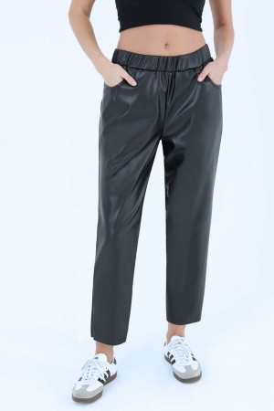 Beli Lastikli Deri Pantolon-Siyah