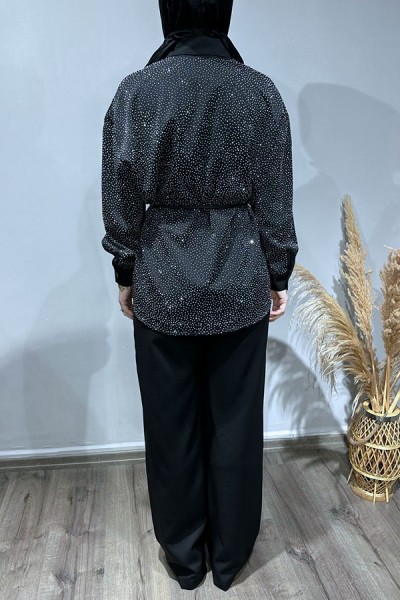 Taşlı Pantolon Takım-Siyah