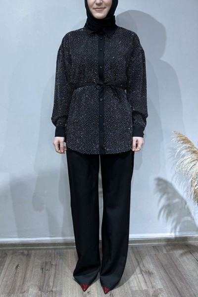 Taşlı Pantolon Takım-Siyah