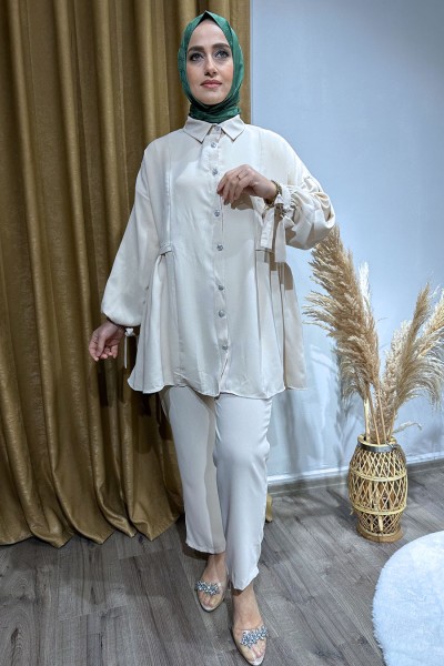 Düğmeli Kolu Büzgülü Takım-Bej