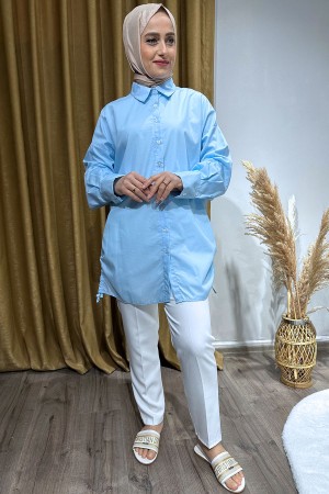 Yan Tarafı Büzgülü Gömlek-Mavi