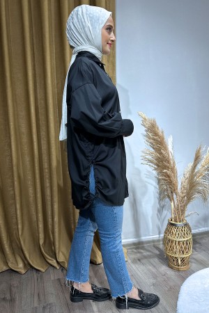 Yan Tarafı Büzgülü Gömlek-Siyah