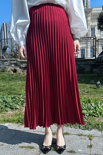 Pliseli Uzun Etek-Bordo