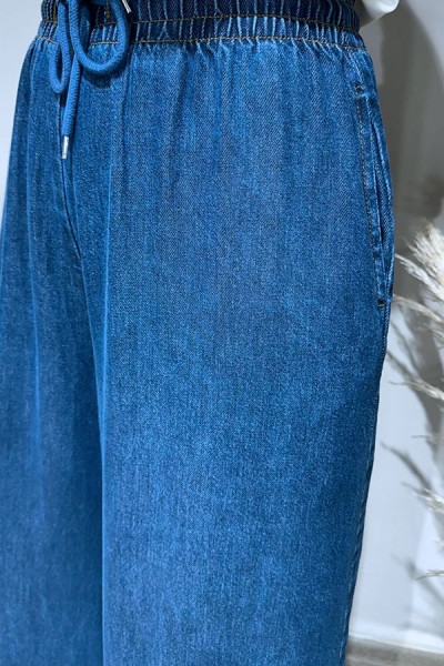 Beli Lastikli Bol Paça Pantolon-Mavi