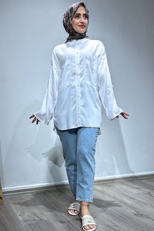 Cepli Tensel Gömlek-Beyaz