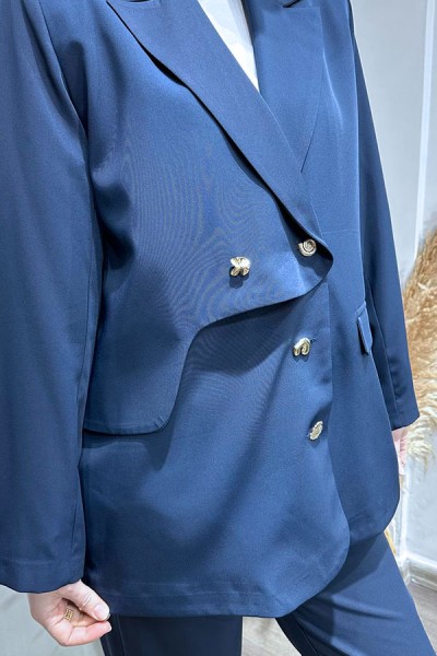 Metal Düğmeli Blazer Ceketli Takım-Lacivert