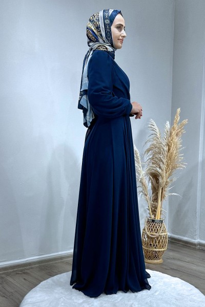 Drapeli Şifon Elbise-Lacivert