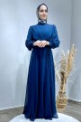 Drapeli Şifon Elbise-Lacivert