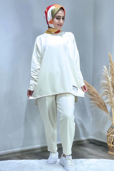 Pantolonu Pensli Oversize Takım-Krem