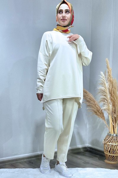 Pantolonu Pensli Oversize Takım-Krem