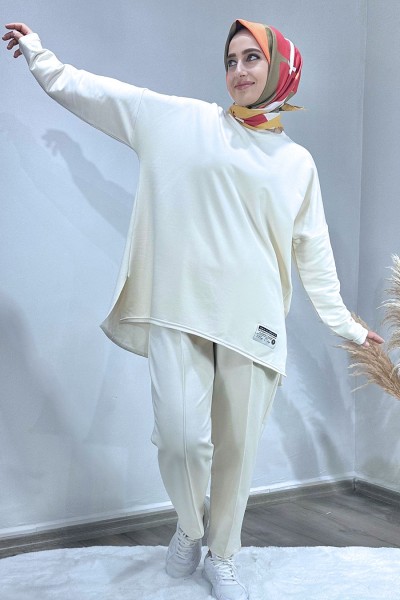 Pantolonu Pensli Oversize Takım-Krem