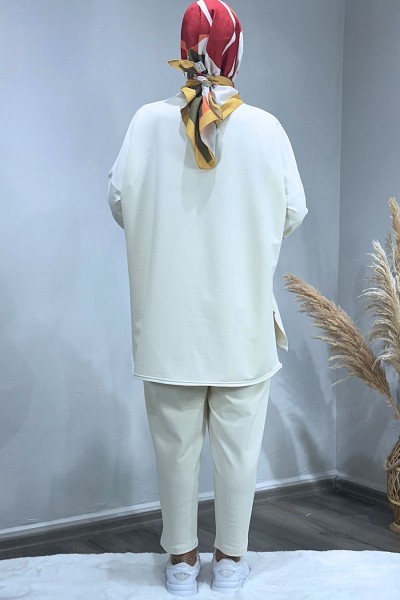 Pantolonu Pensli Oversize Takım-Krem