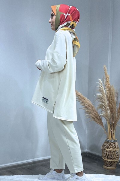 Pantolonu Pensli Oversize Takım-Krem